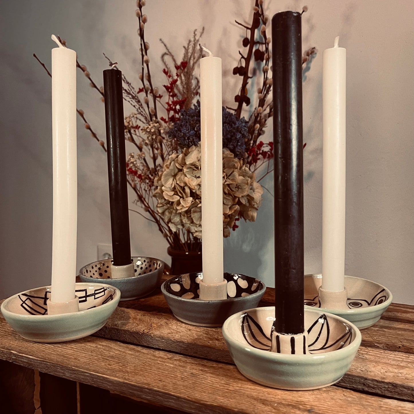 Kaarsenhouder retro wit en lichtgroen